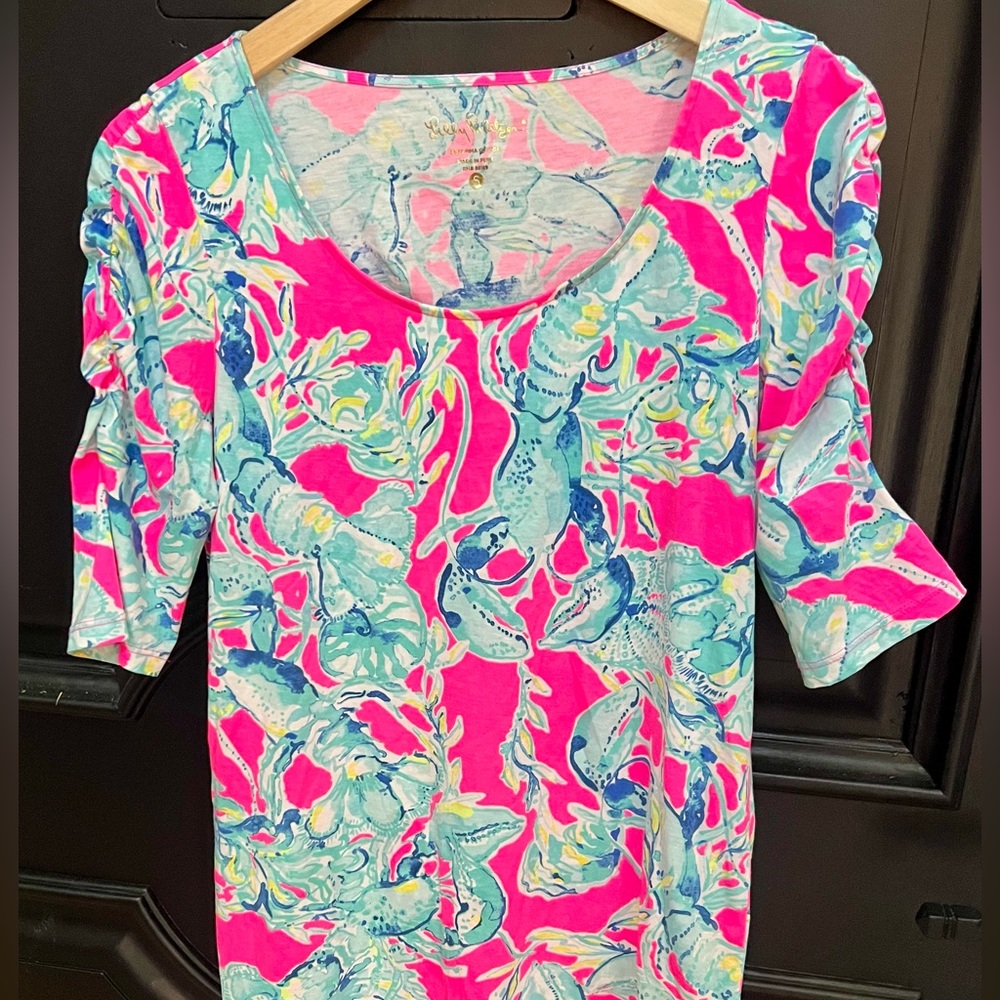 Lilly Pulitzer Lobster in Love Print Cotton Short Sleeve Dress Pink/Aqua Small